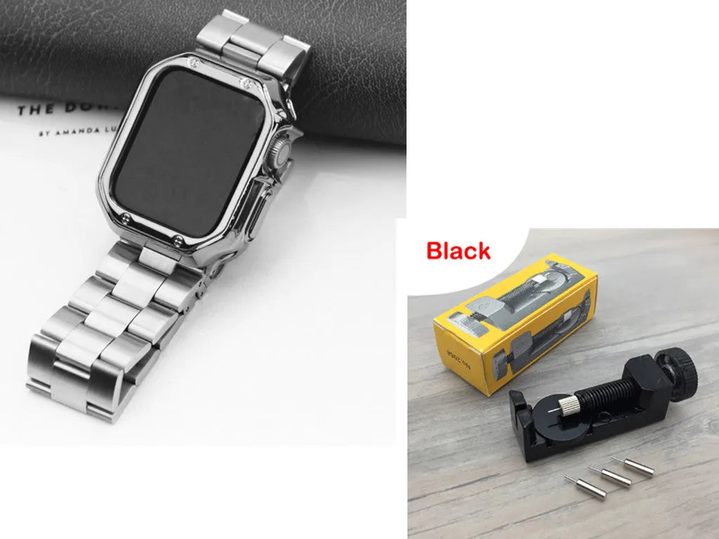 Stainless steel link band and black TPU protective frame for Apple Watch 44mm case