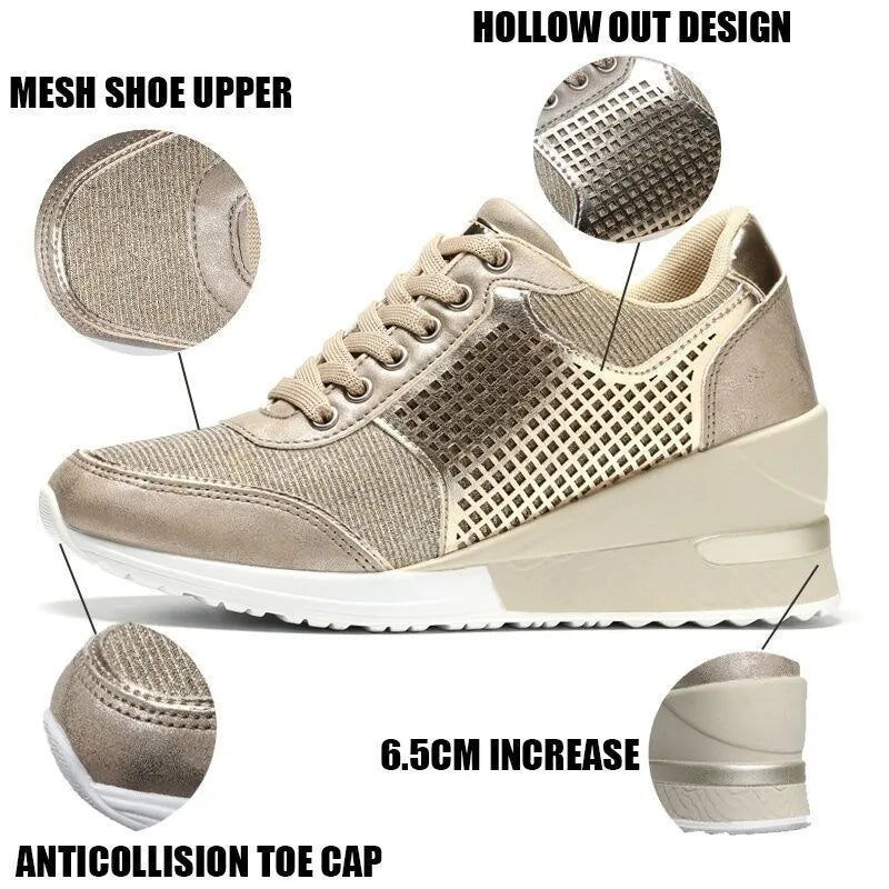 Women lace-up sneakers with 6.5cm height increase, PU upper, round toe, casual style in black