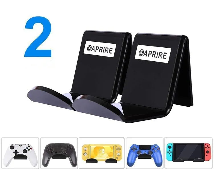 A universal game controller mounting bracket in a choice of black, white, or transparent colours.