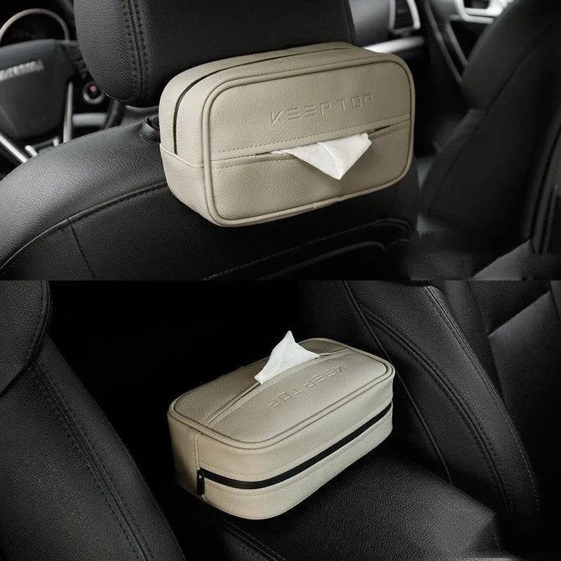 Black PU leather box with hanging loop on a car seat.