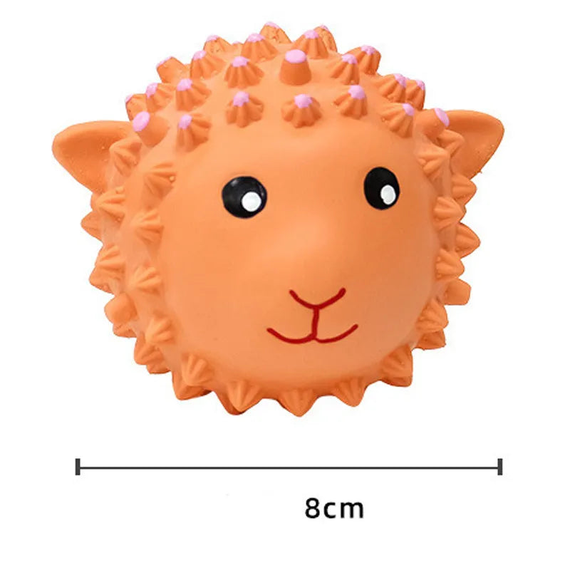 Orange and yellow latex squeaky dog toy with spiky texture, shaped like an animal.