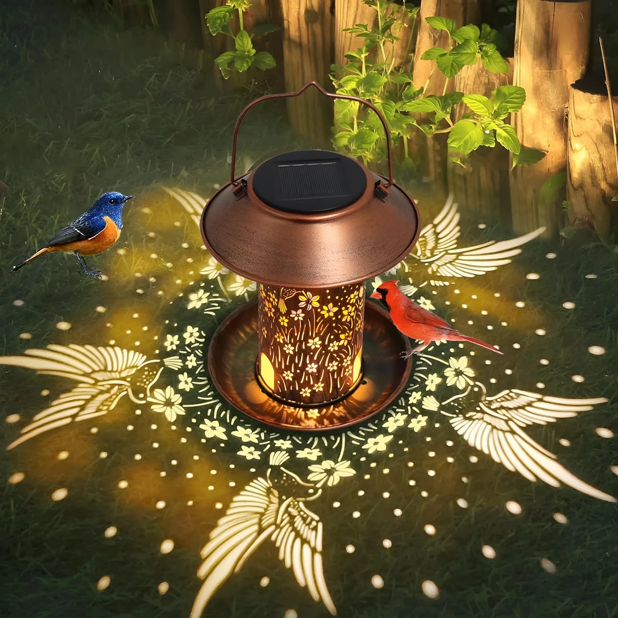 Solar lamp bird feeder with hummingbird pattern, waterproof iron art construction for outdoor gardens
