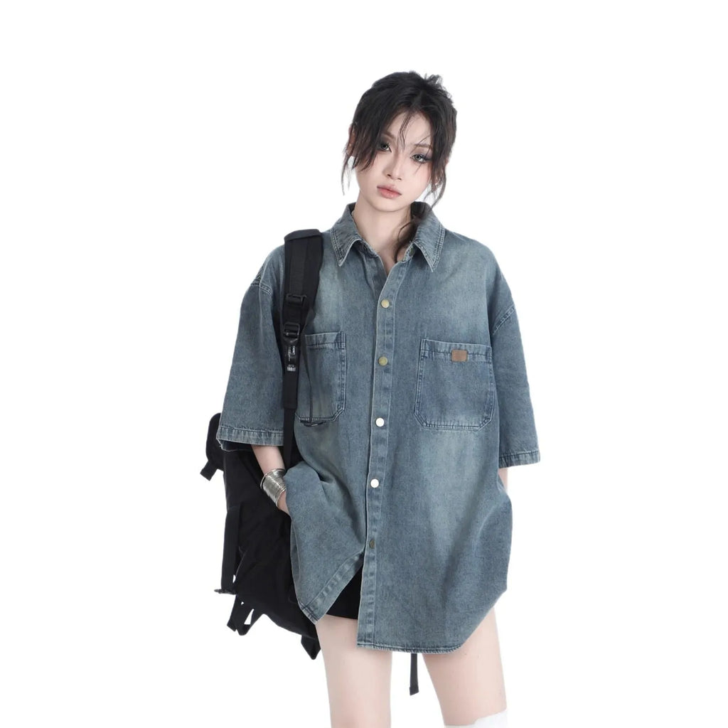 American retro heavy wash denim-look short sleeve colour block top in black or blue, sizes M to 3XL