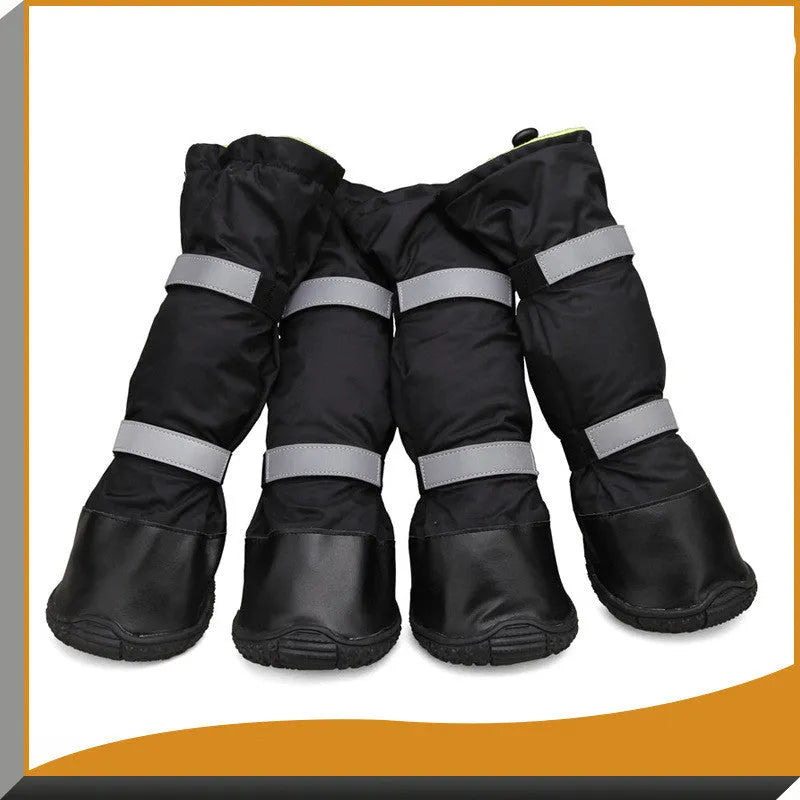 Waterproof dog rain boots with flannel lining and reflective straps, available in blue black red sizes XS to XXL