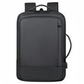 Black Oxford cloth backpack with curved shoulder straps showing business travel styling