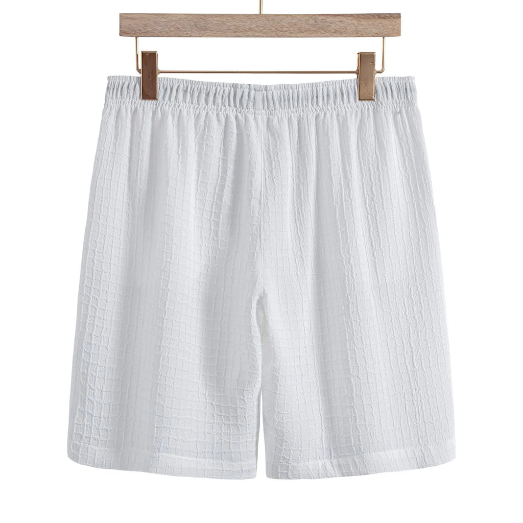 Men's white cotton blend jacquard short sleeve shirt and matching casual shorts set