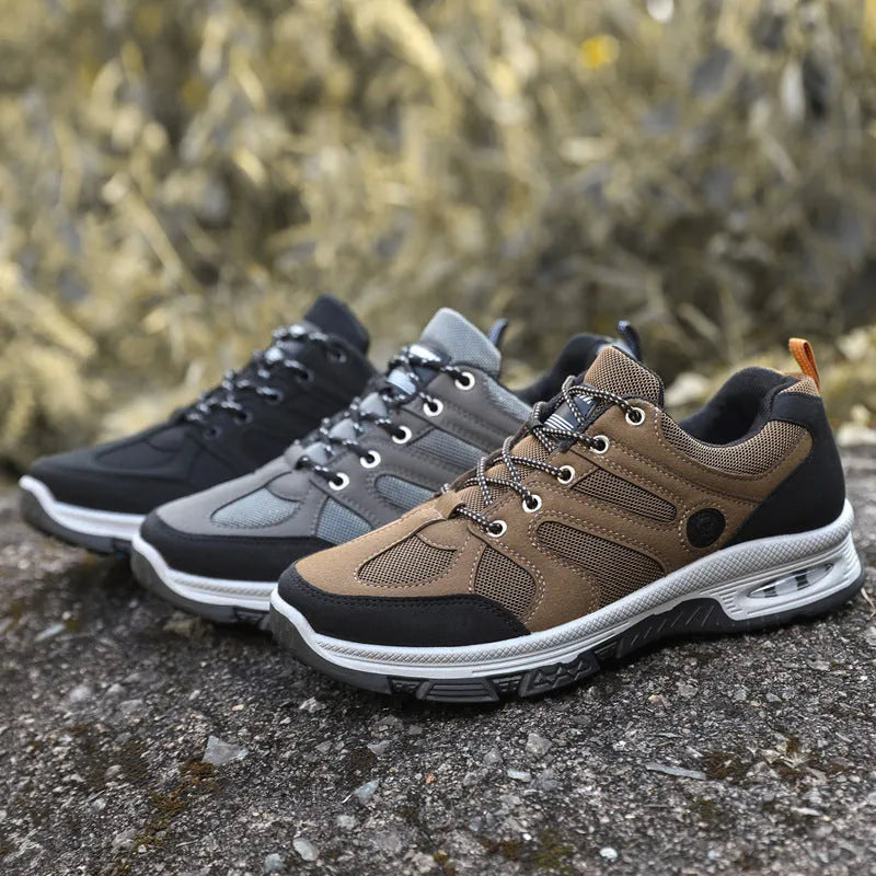 Men's breathable mesh sneakers with EVA sole, elastic lace-up fit, black camel grey, sizes 39 to 45