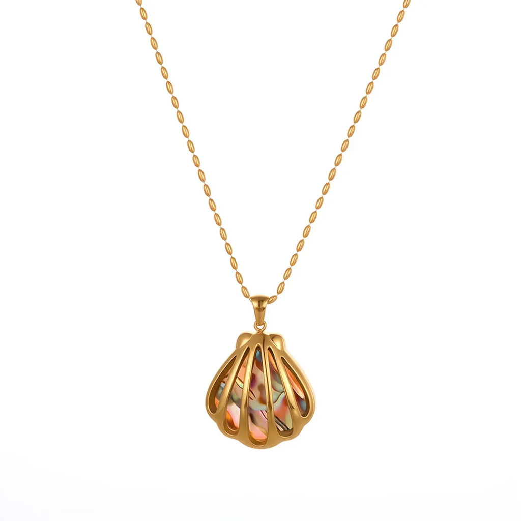 18K gold plated stainless steel scallop shell fan shaped stud earrings and necklace for women