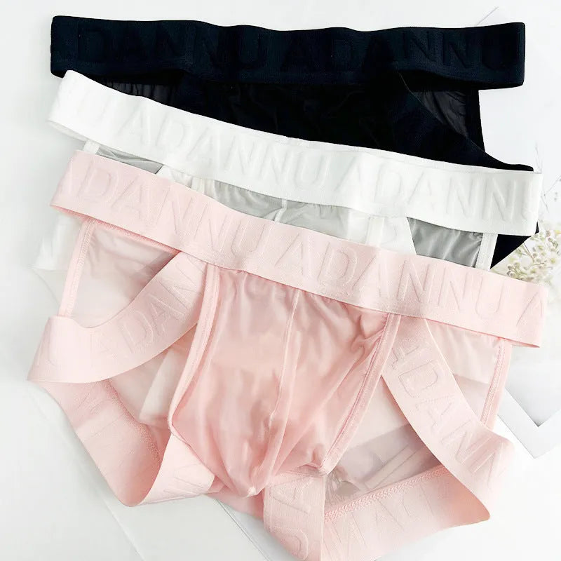Single-layer see-through nylon mesh low-waist men's underwear briefs in solid colour