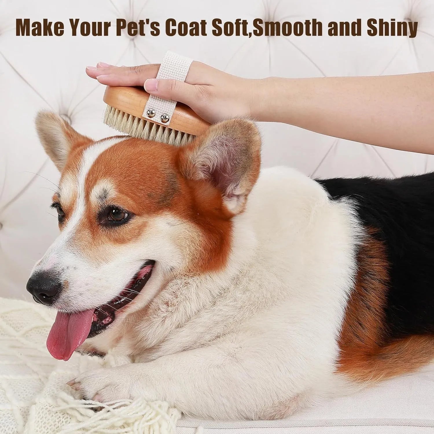 Soft boar bristle pet palm brush with ergonomic cotton band for short-haired dogs and cats, 13.5 x 8.5 cm