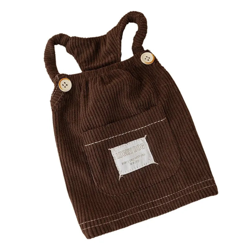Brown corduroy pet vest with wool Sherpa collar on a small dog, halter design for easy wear