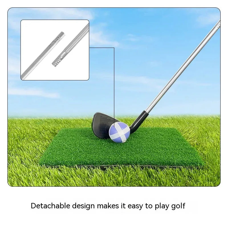 Metal golf club set showing adult and children's size options for outdoor practice.