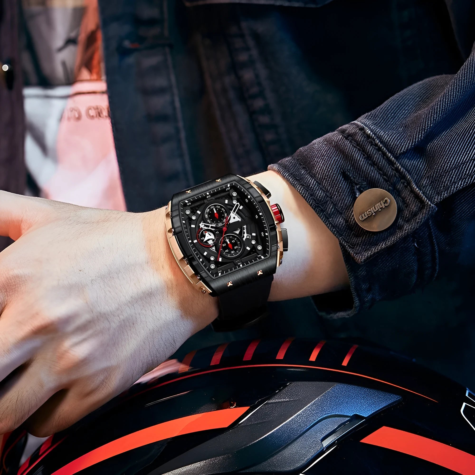Curved mirror gradient hollow men's quartz watch with calendar, 33.38mm dial, silicone strap, black face