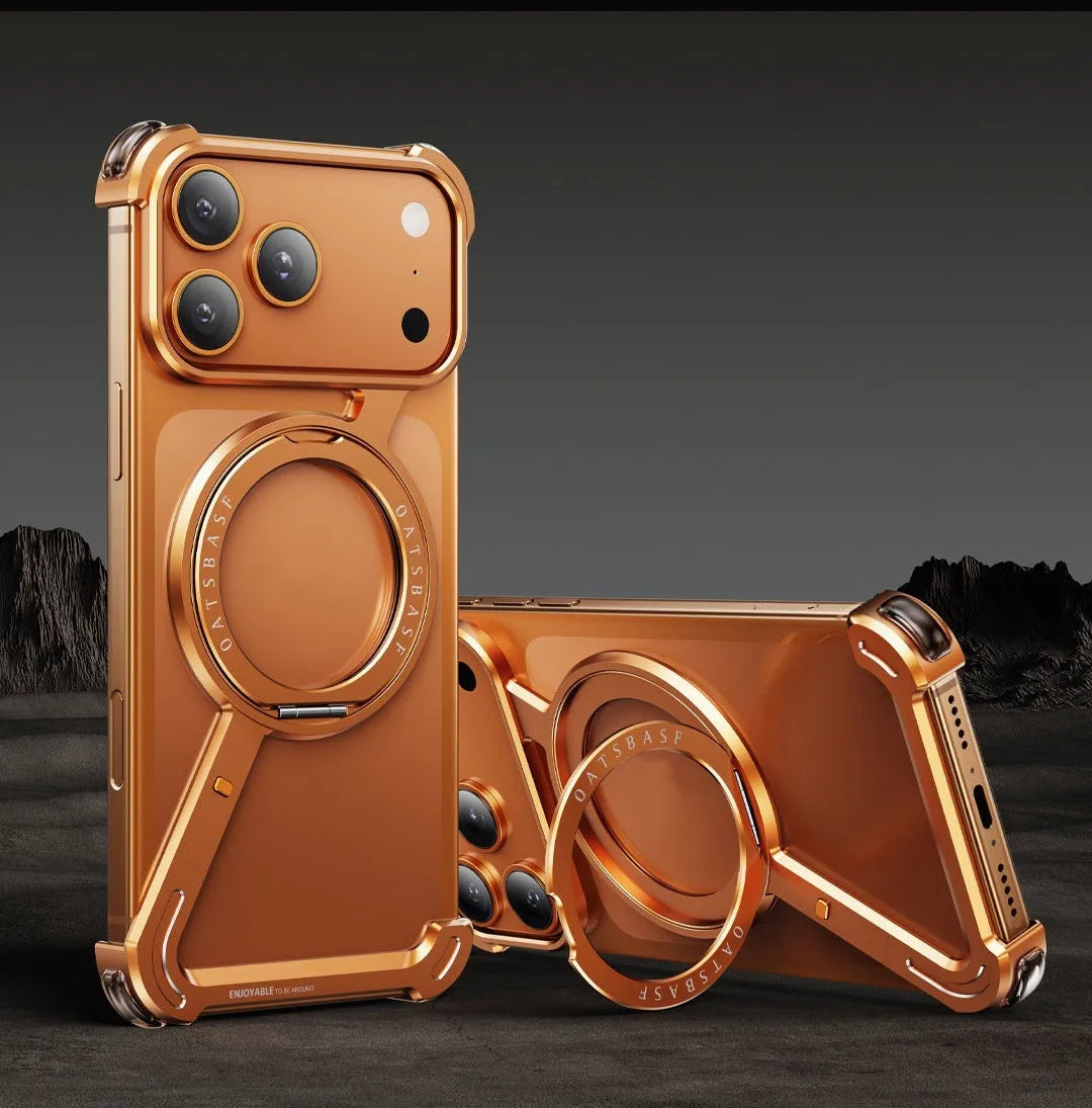 Black metal phone case for iPhone 17 Pro Max with a built-in magnetic bracket.