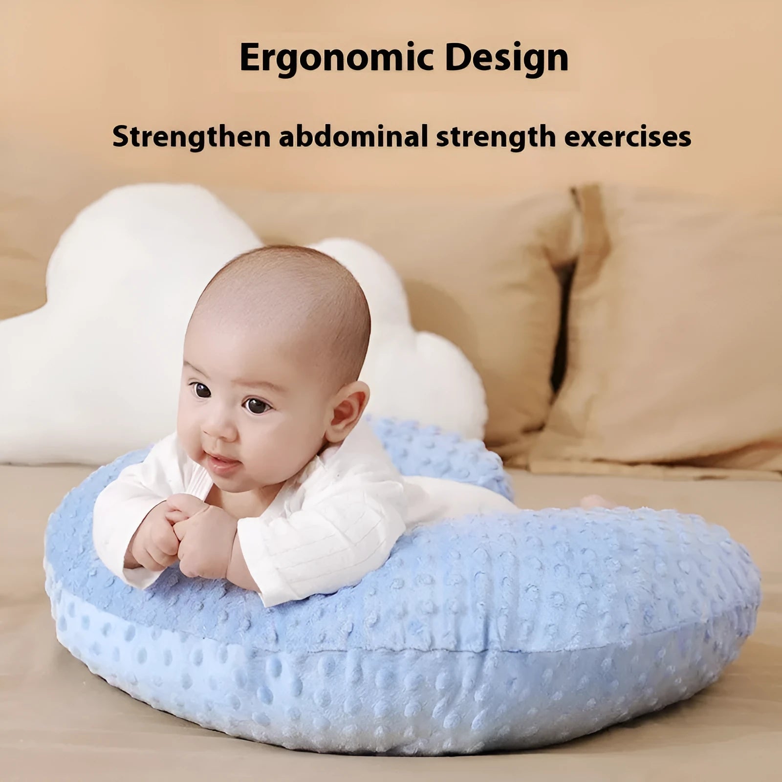 Multifunctional nursing pillow with spill prevention in pink, yellow, grey, or light blue colour options.
