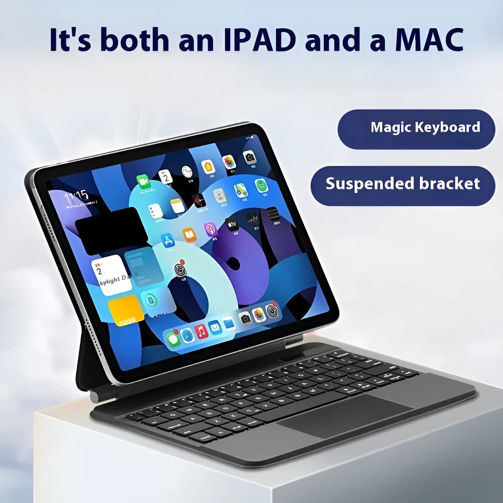 Magnetic suction wireless keyboard and protective sleeve for iPad Pro, shown in blue colour.