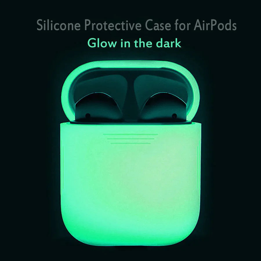 Luminous glow-in-the-dark silicone flip-top protective case for Apple AirPods on a dark background