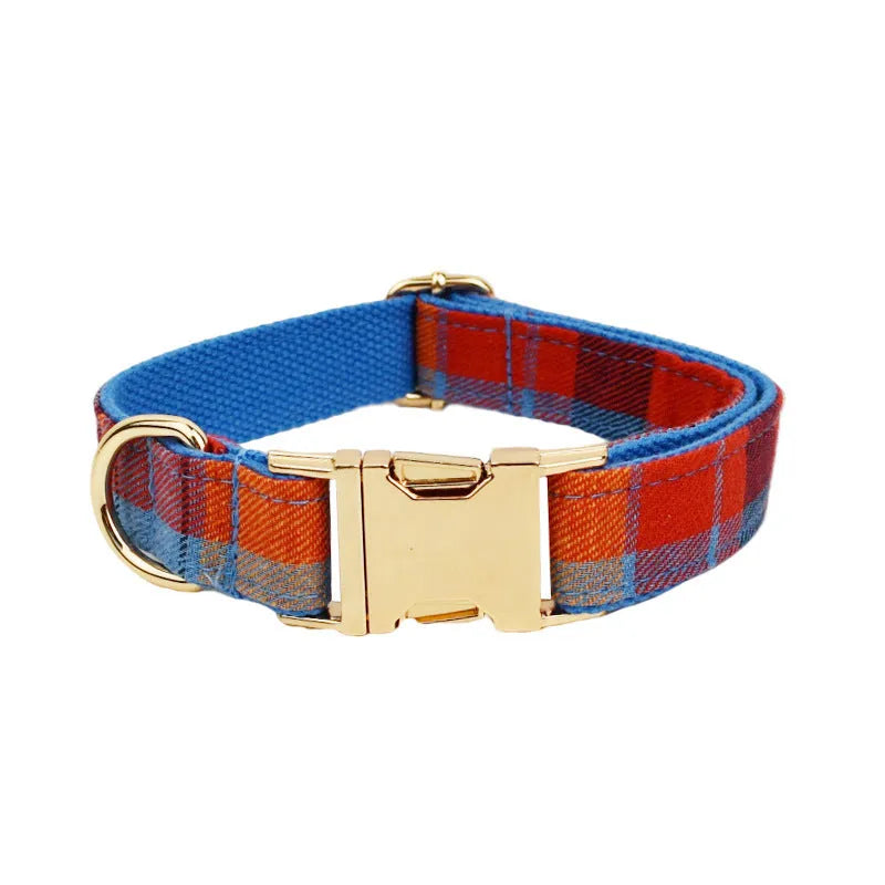 Blue background velvet plaid dog collar with matching hand-holding rope and optional bow accessory