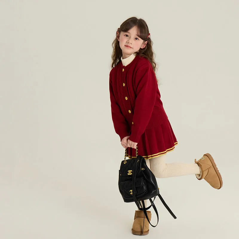 Red knit cardigan and pleated skirt two-piece set for girls in velvet yarn fabric