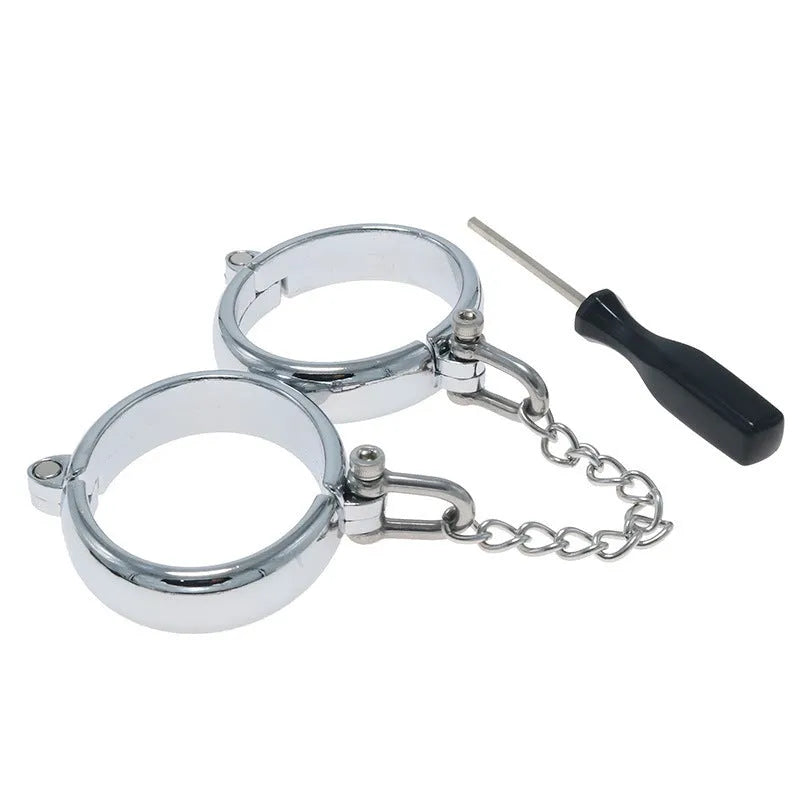 Silver zinc alloy handcuffs and footcuffs set with stainless steel watch bracelet, four size options
