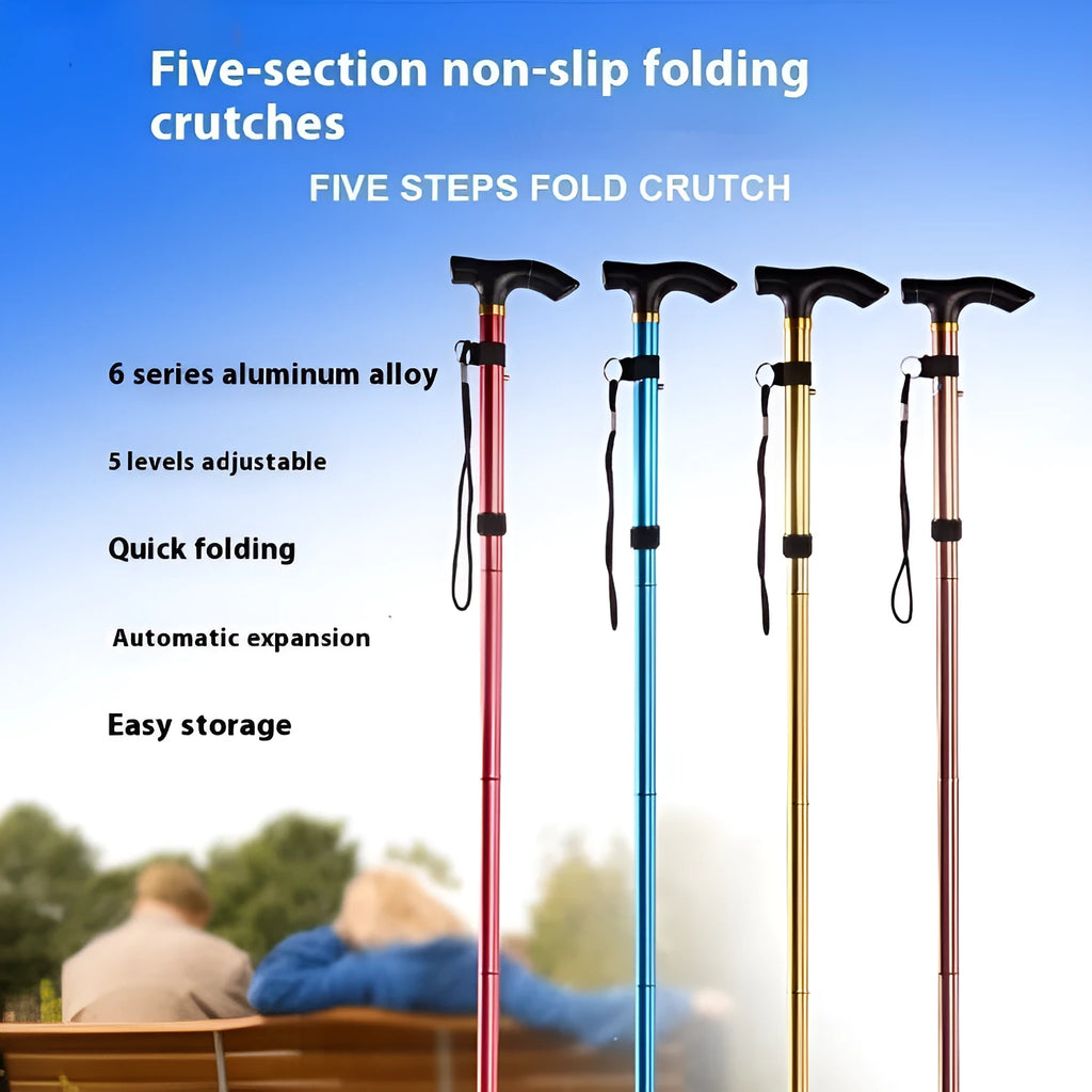 Aluminium alloy folding walking cane with adjustable height and non-slip rubber handle.