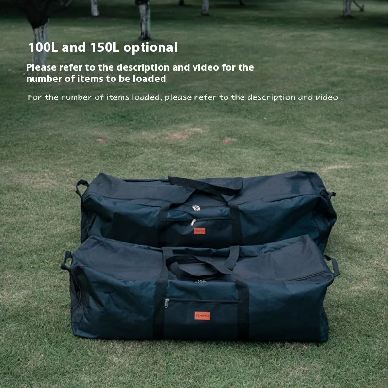 Green heavy-duty waterproof storage bag for folding camping chairs and tables, shown folded and expanded.