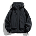 Men's black hooded waterproof jacket with long sleeves in a regular length
