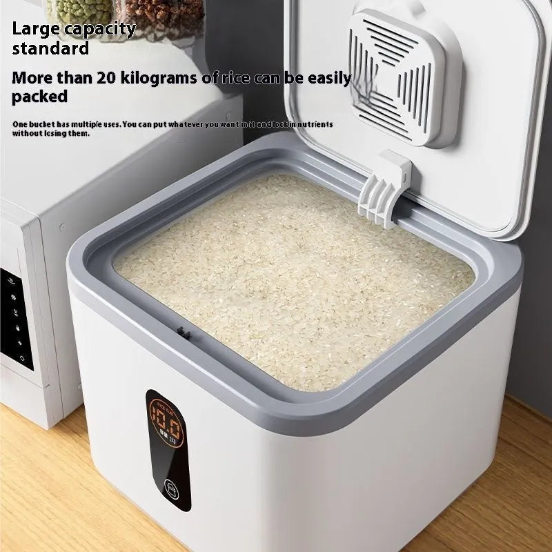 Grey plastic rice storage jar with a sealed lid and a measuring cup, shown in different sizes.