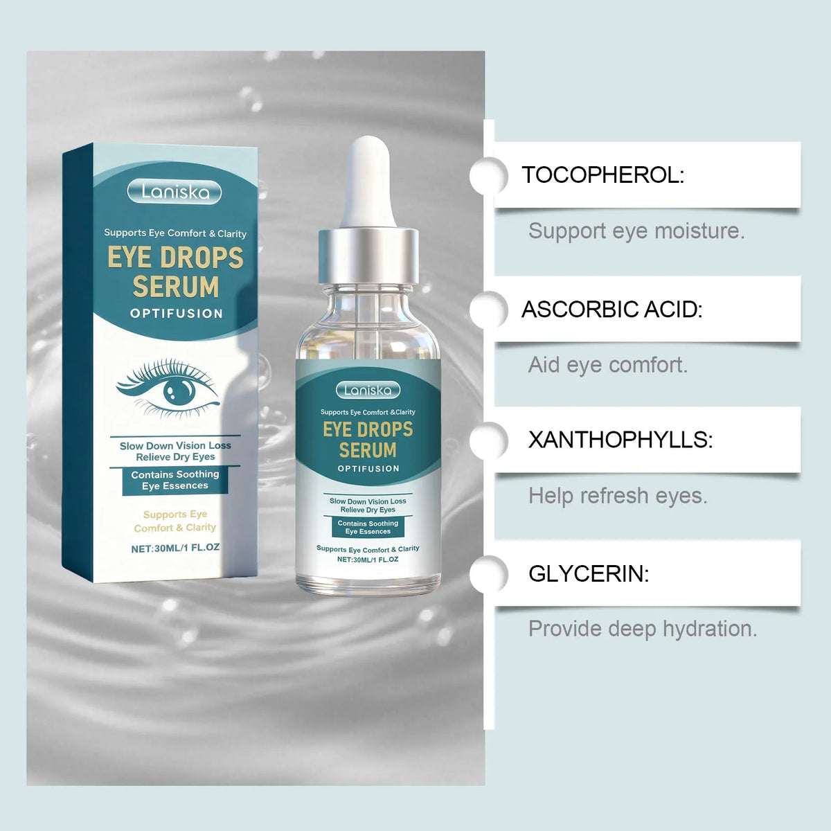30ml eye soothing essence bottle with vitamin E, vitamin C, and lutein for under-eye skincare