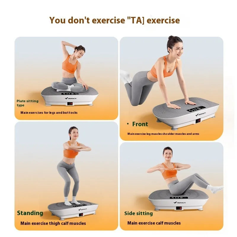 Grey portable smart power plate fat slinger on a home floor, showing its compact size and platform.