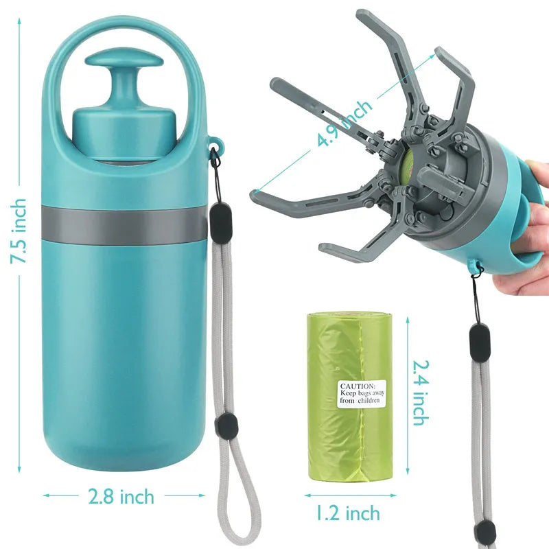 Blue portable dog pooper scooper with eight-claw shovel, built-in poop bag dispenser and lanyard