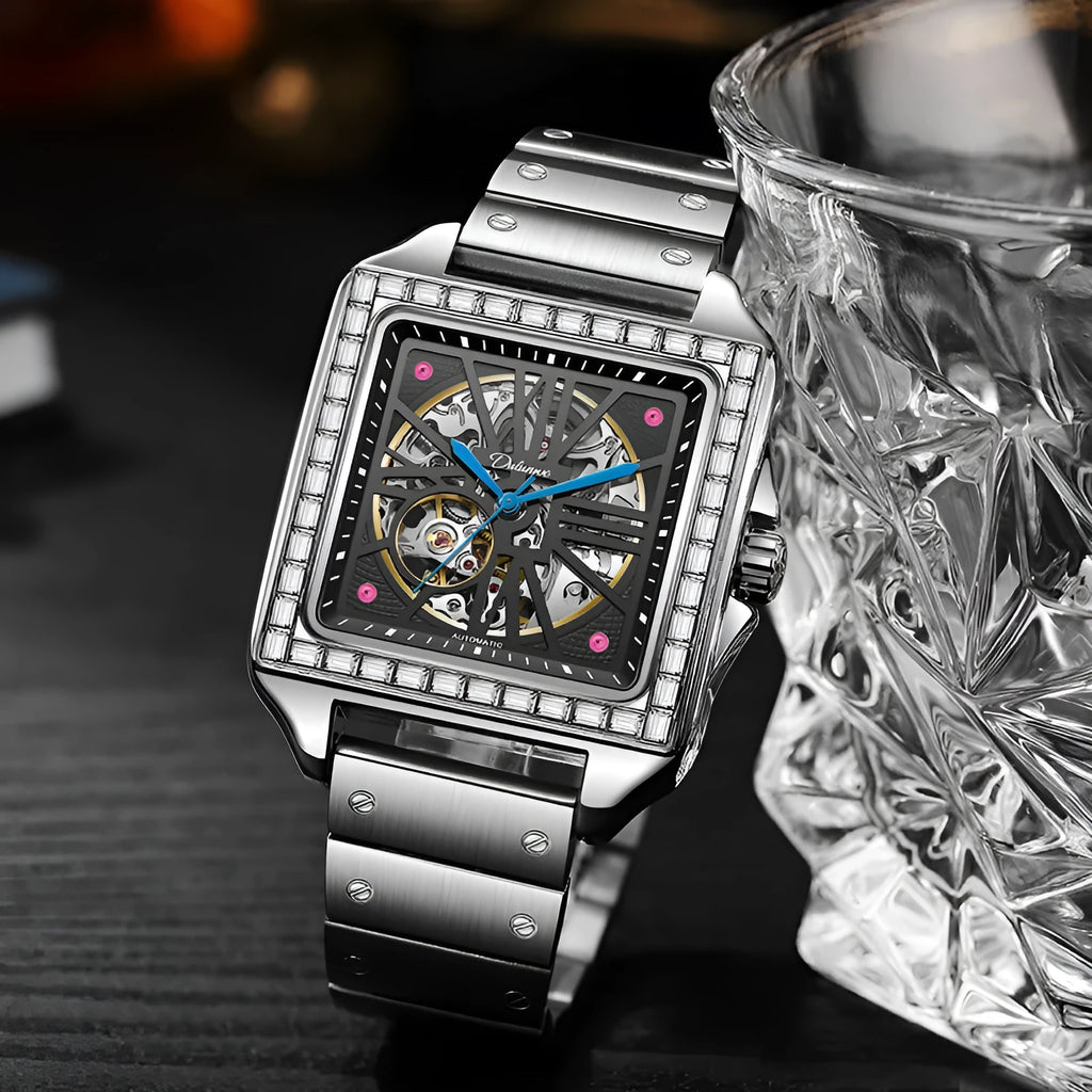 Men's square-faced automatic watch with diamond studs on a black steel bracelet, model 6066A.