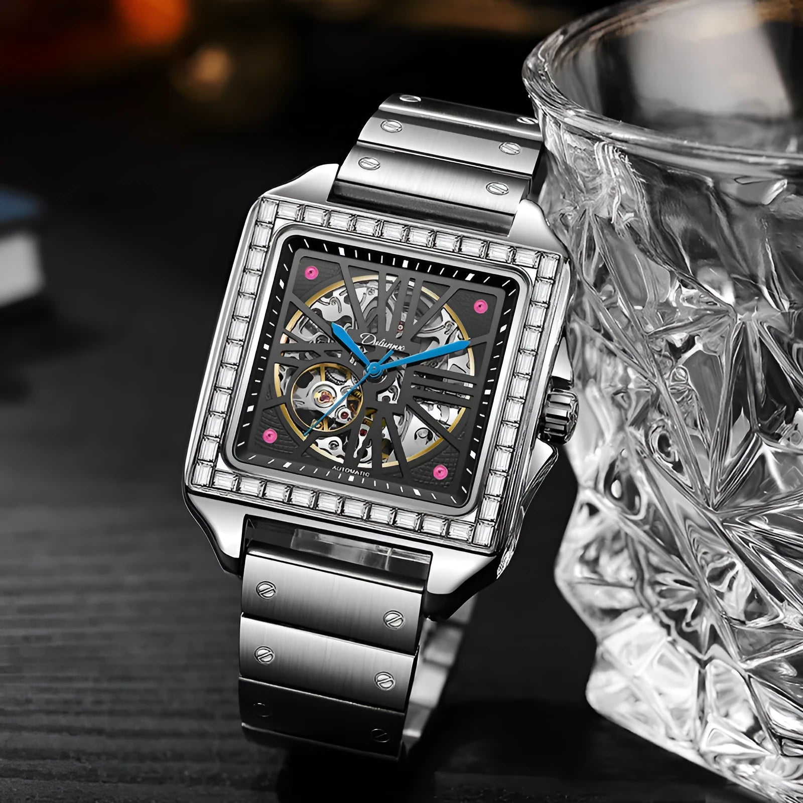 Men's square-faced automatic watch with diamond studs on a black steel bracelet, model 6066A.