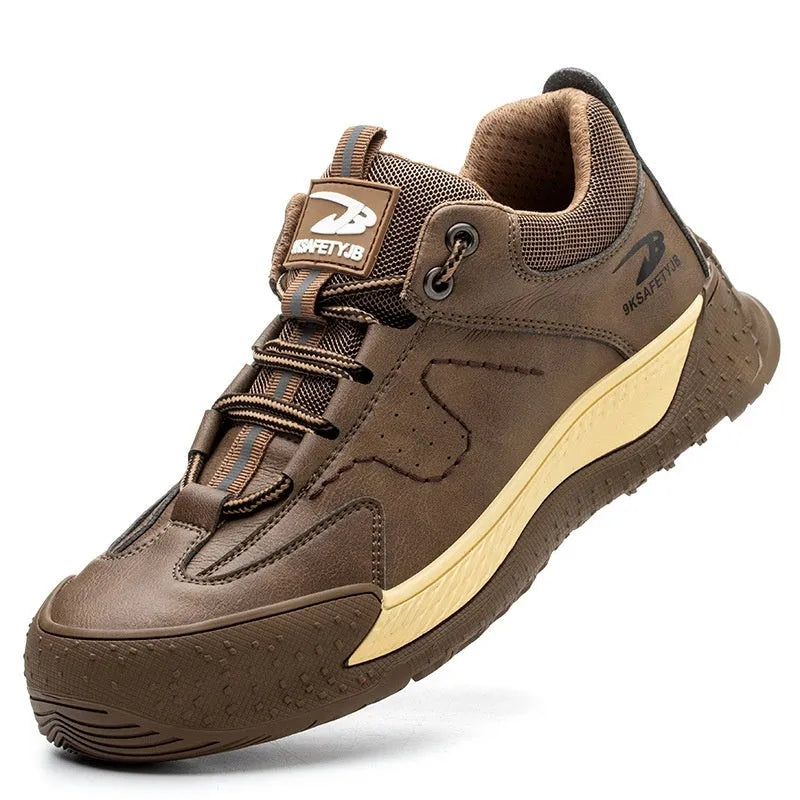 Flyknit leather safety work shoe with rubber sole, shown in black colour.