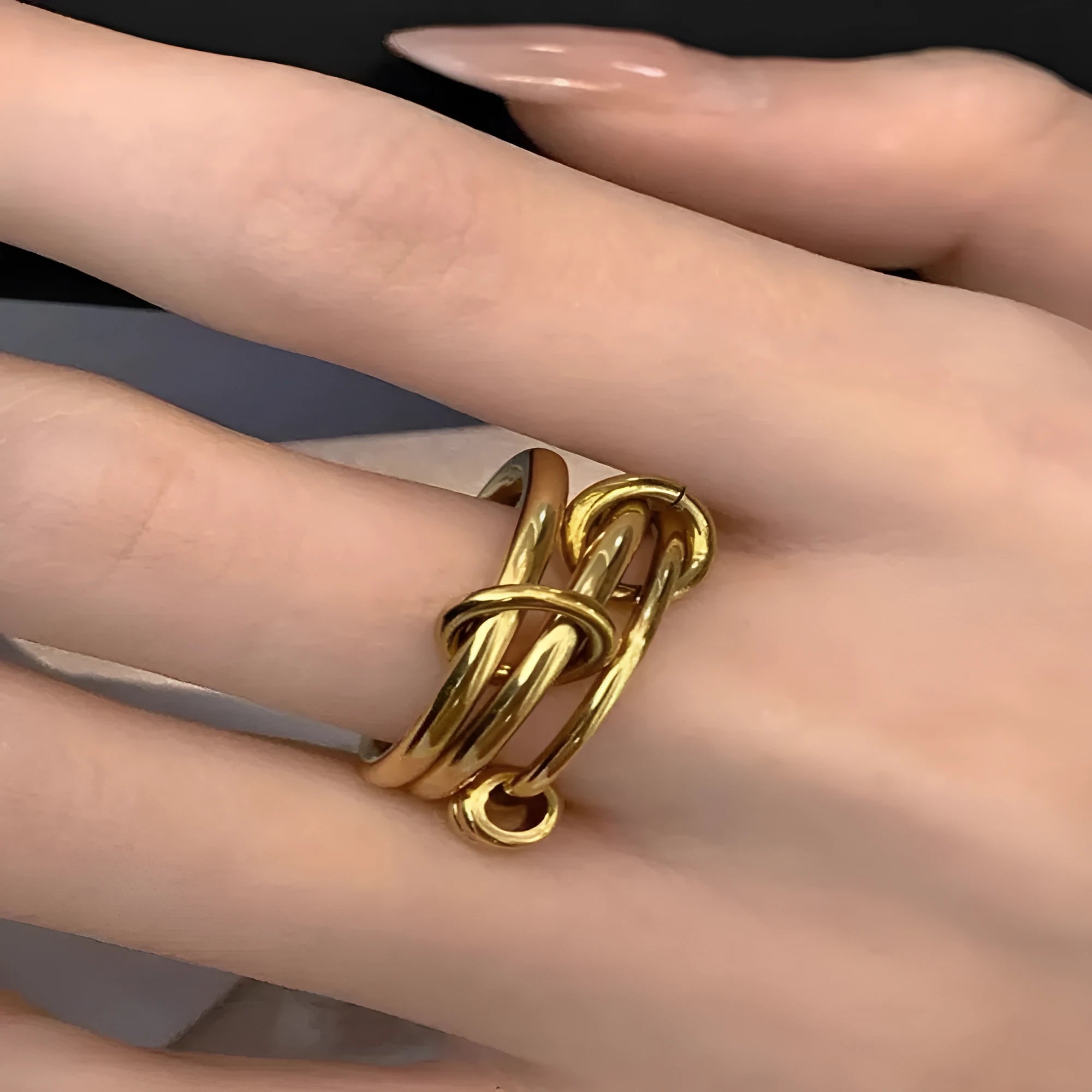 Sanhuan titanium steel ring geometric line design Trinity gold B398 on finger unisex size no 7