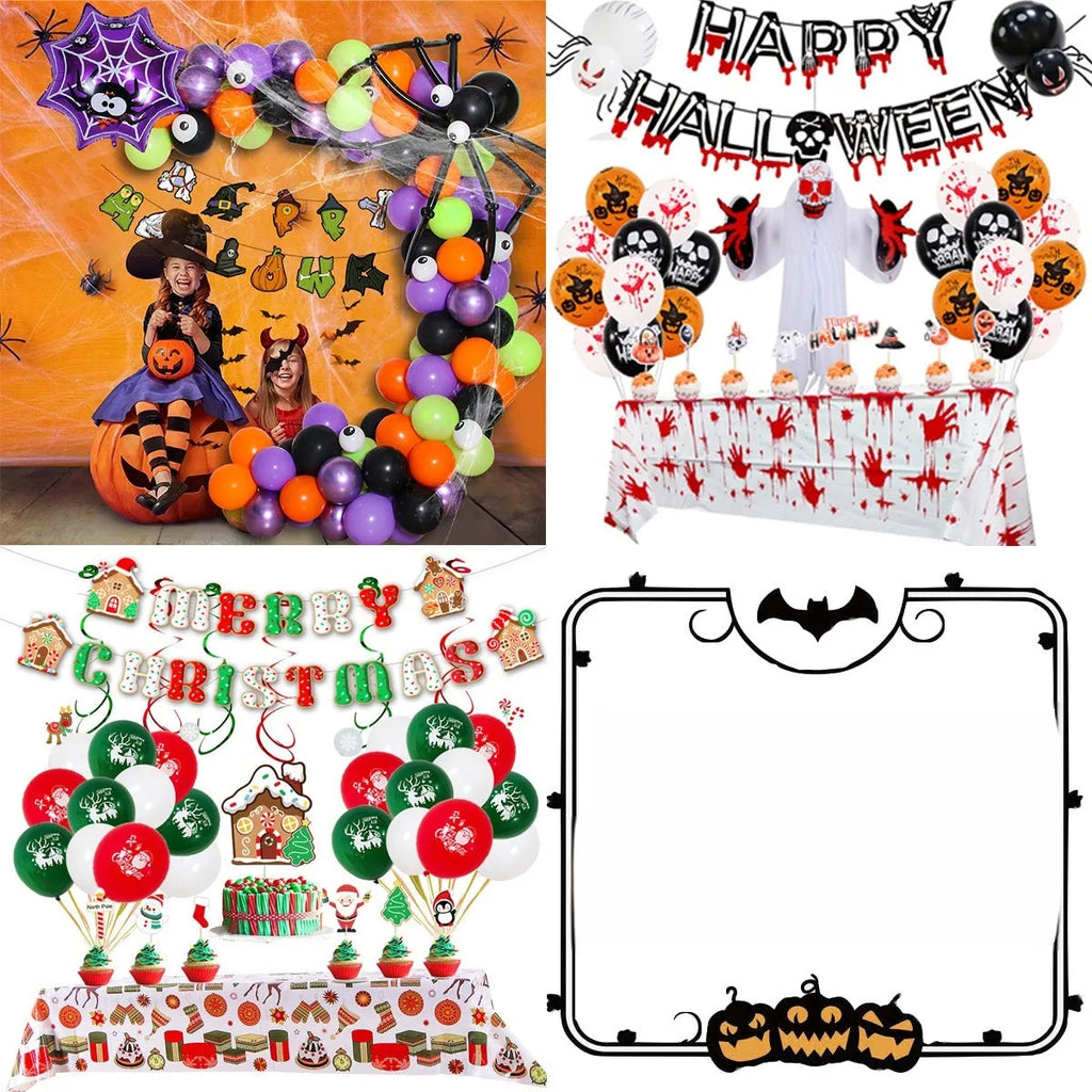 Black and white Halloween balloon arch with spider web, skull, and pumpkin designs