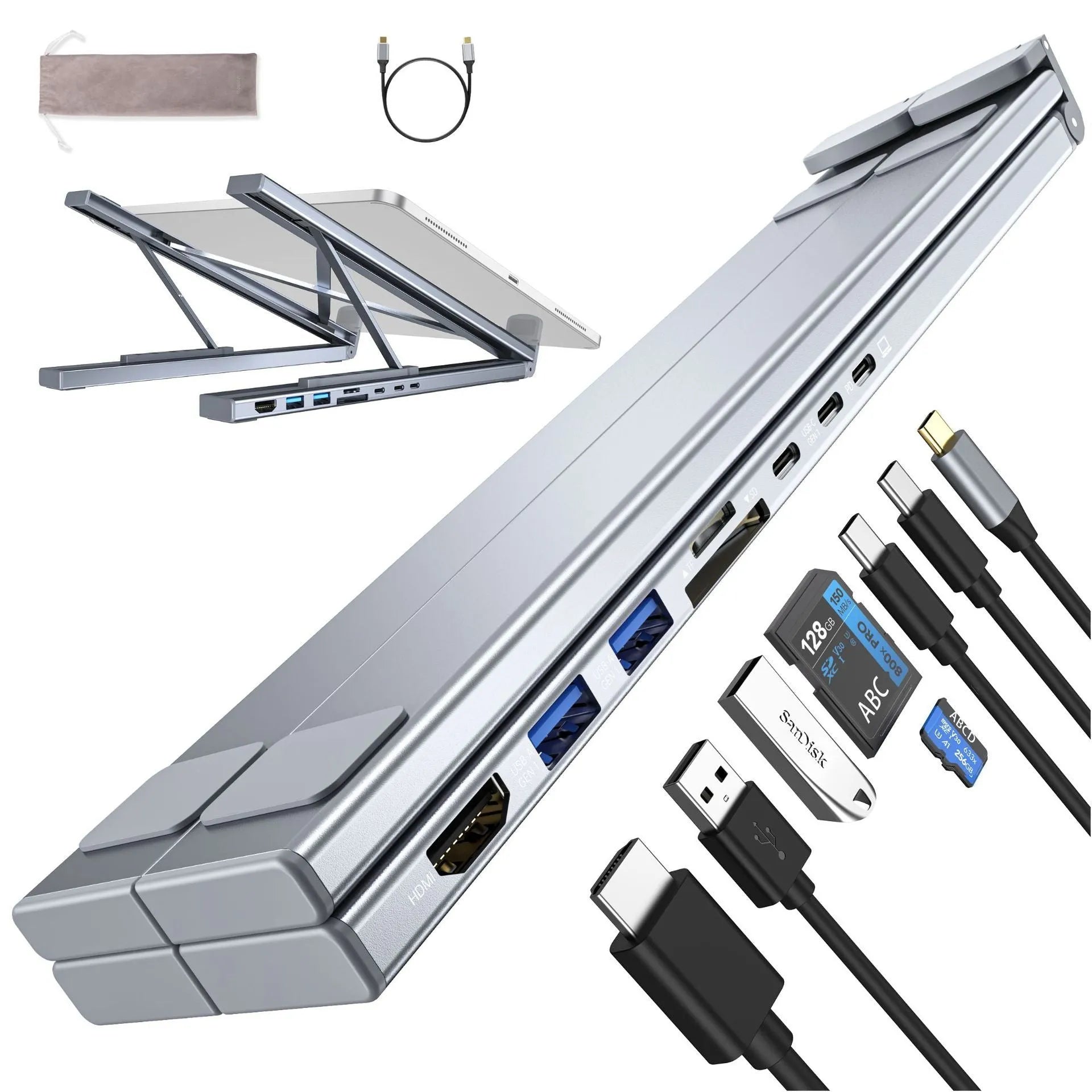 Aluminium folding laptop stand with built-in 8-in-1 USB-C and HDMI docking station ports.