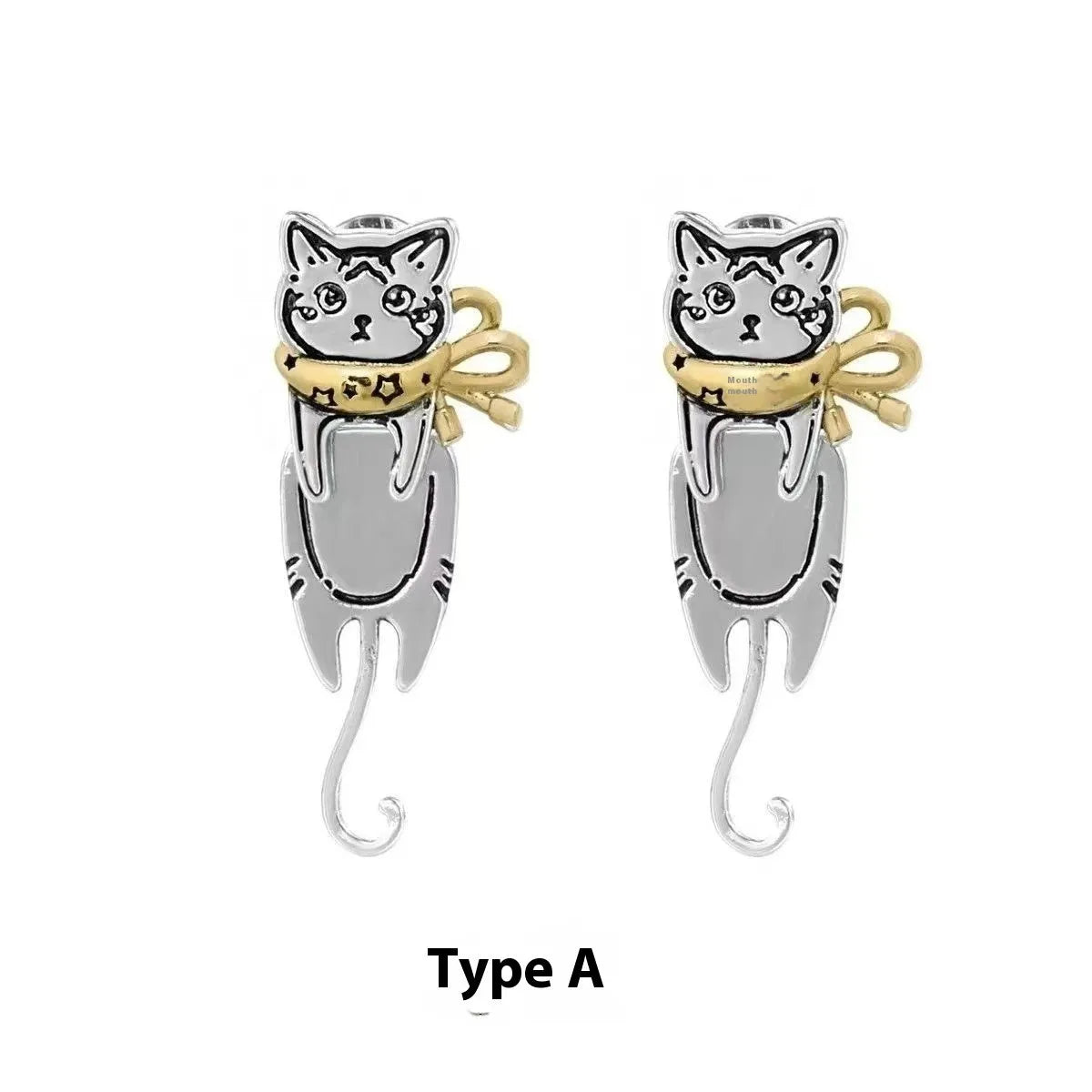 Graffiti cat earrings in copper with cute animal design, available as A pair or B style pair