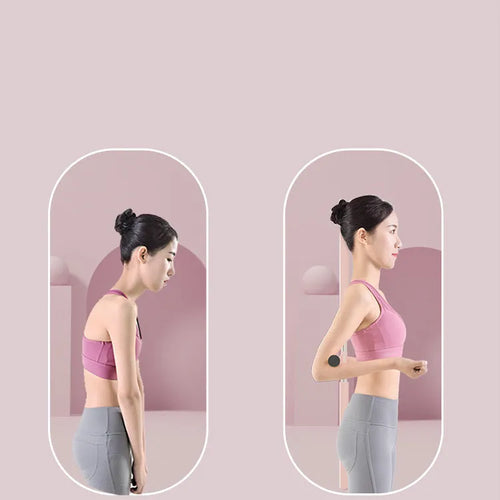 Adjustable yoga body stick in pink with foam grip on white background