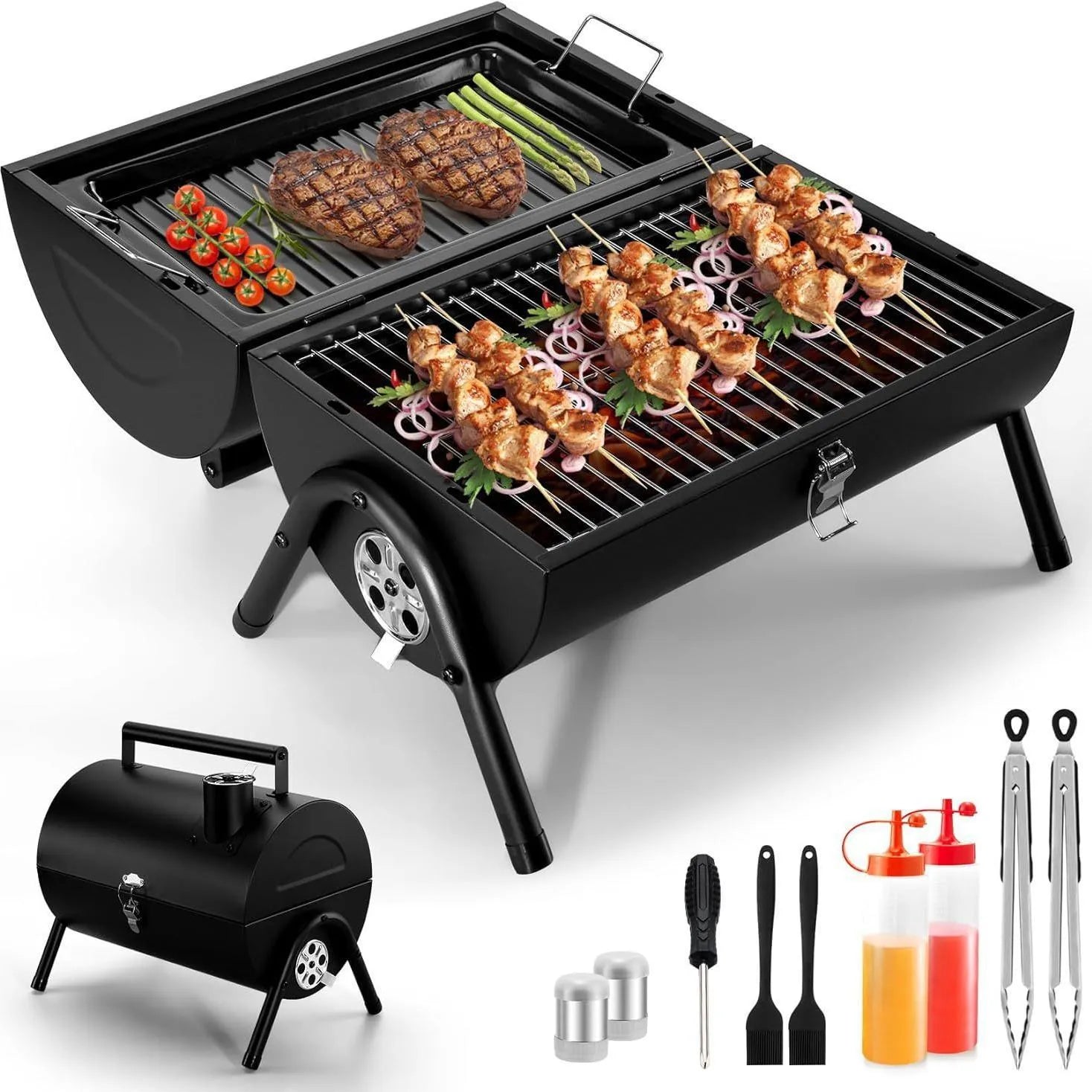 Small folding metal desktop charcoal barbecue grill for portable outdoor cooking.