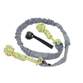 A woven cotton rope dog tug toy in either black, grey, or red, held ready for a game of tug-of-war.