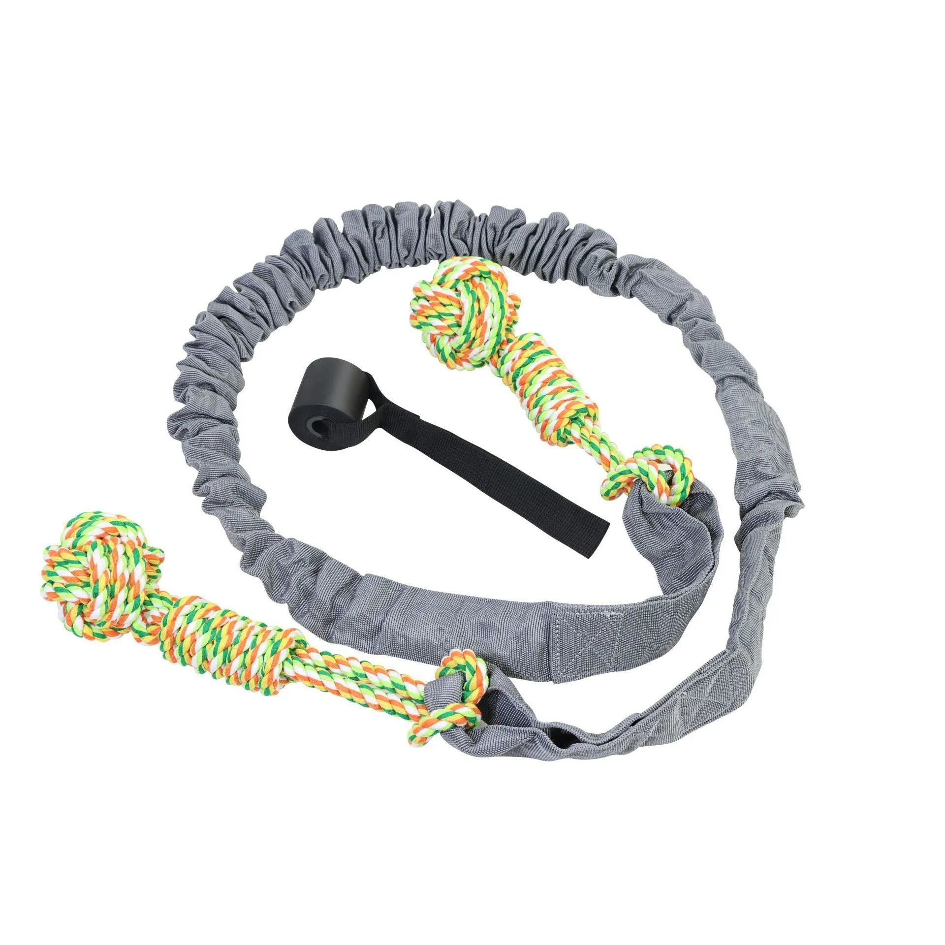 A woven cotton rope dog tug toy in either black, grey, or red, held ready for a game of tug-of-war.