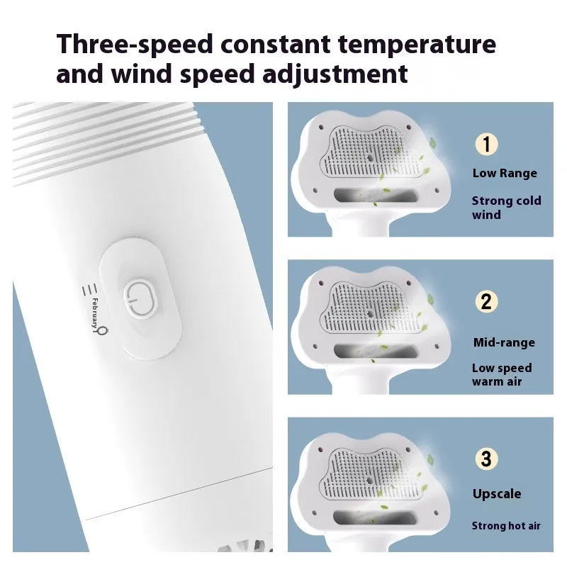 Two-in-one pet hot air hair dryer and comb in pink or white, 600W, ABS body, with one-click hair removal