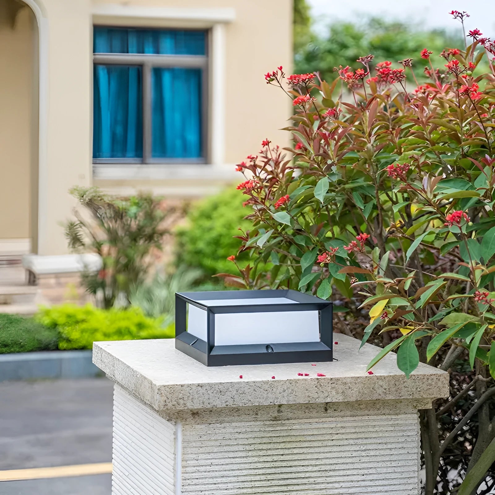 Solar-powered aluminium outdoor column light mounted on a wall, showing two size options for garden pathways.