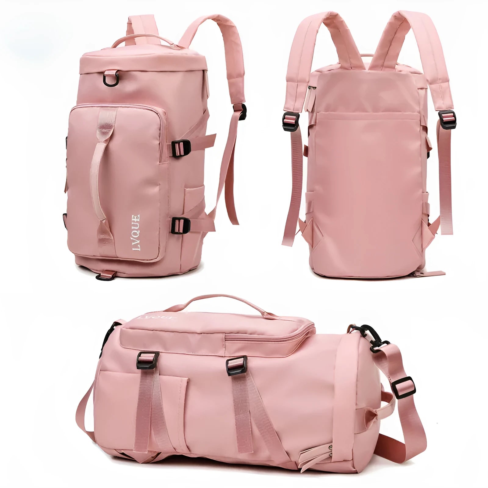 Black waterproof convertible gym backpack with shoe compartment and combination lock shown in handbag and backpack mode.