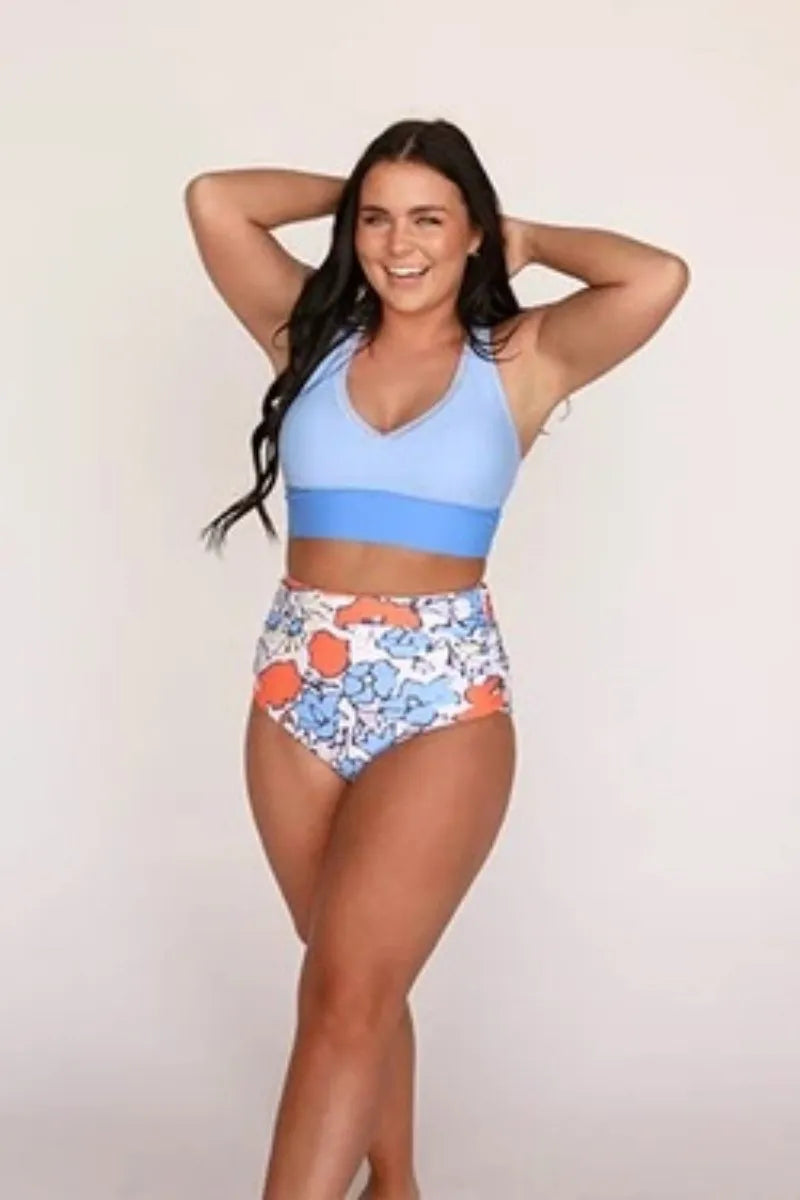 Women's blue polyester conservative vest split swimsuit I-shaped suit sleeveless adult female swimwear