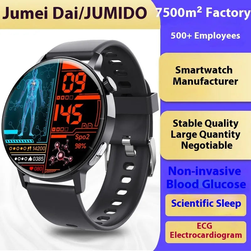 Black smart watch with IPS multi-touch screen, ECG blood glucose monitoring, and Bluetooth calling