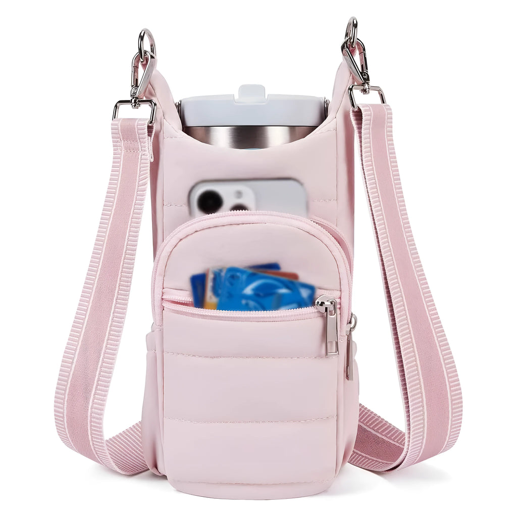Fabric water bottle kettle bag mounted on bicycle frame in beige colour