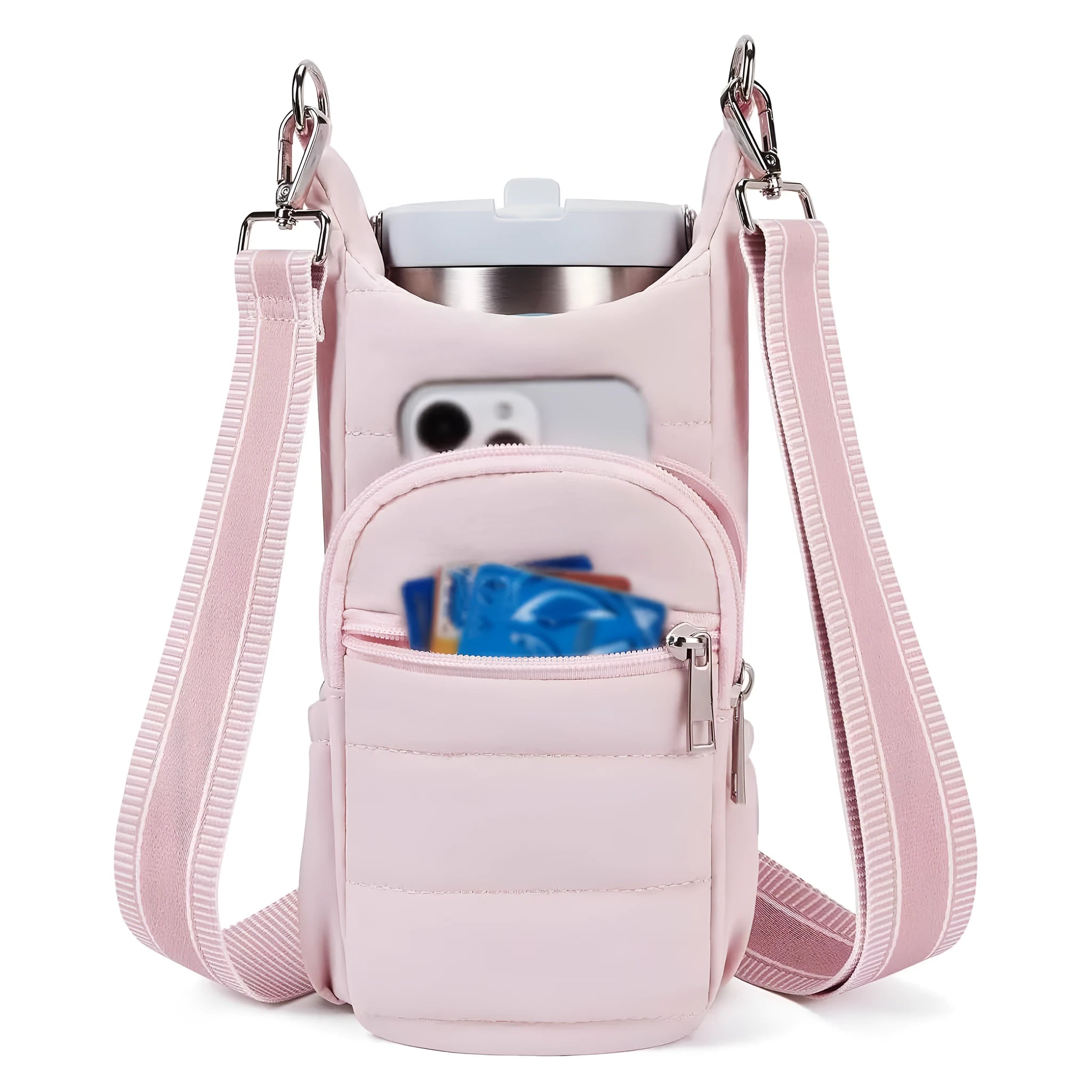 Fabric water bottle kettle bag mounted on bicycle frame in beige colour
