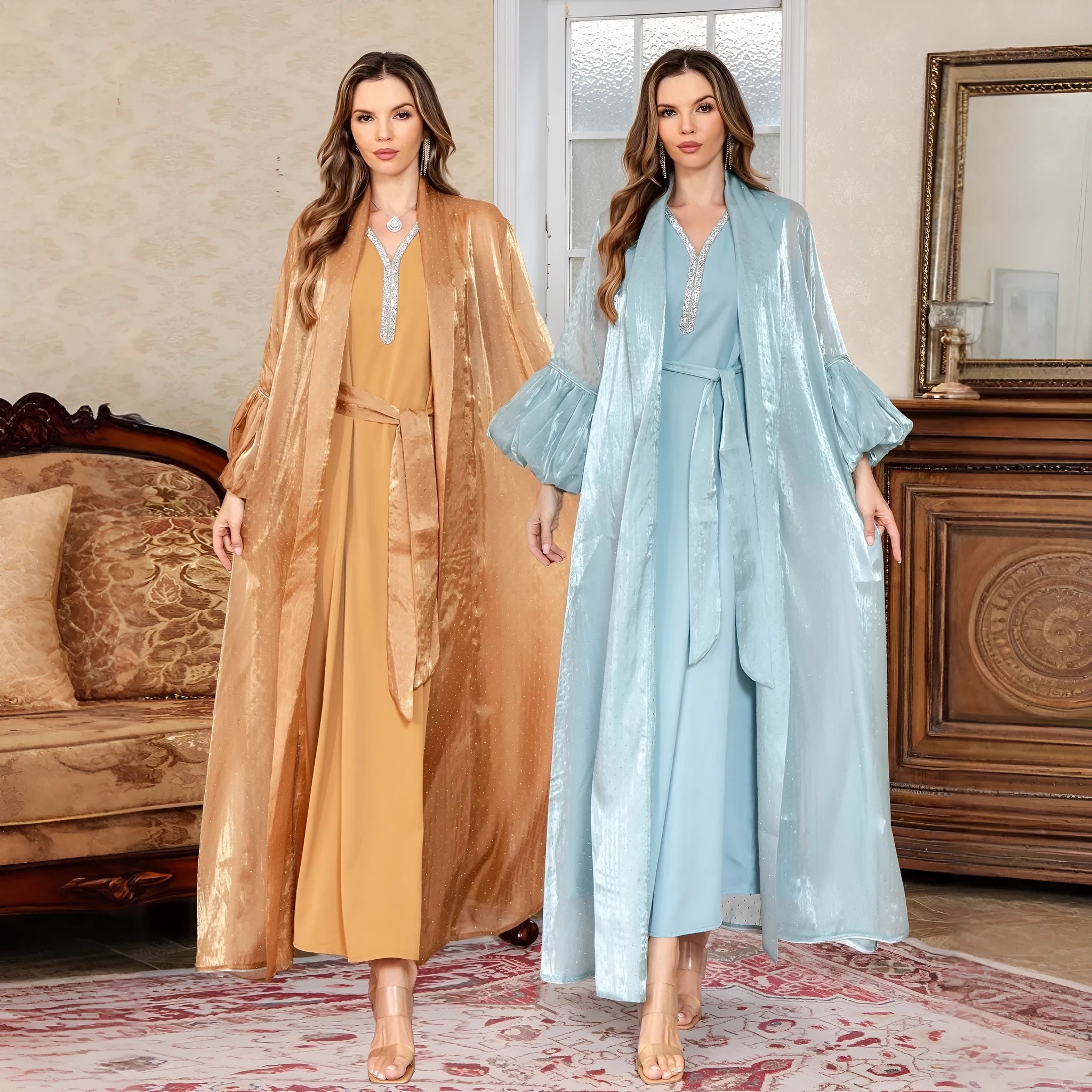 Brown Arabic two-piece dress with long sleeves, rhinestone detailing, and full-length skirt